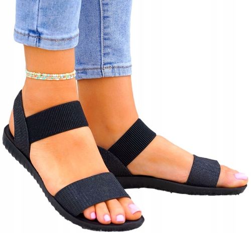 Czarne Sandały Na Gumki Płaski Spód 38 na Arena.pl