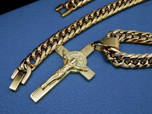 GRUBY ZŁOTY ŁAŃCUCH ŁAŃCUSZEK Z KRZYŻYKIEM STAL CHIRURGICZNA PREMIUM 9MM na Arena.pl