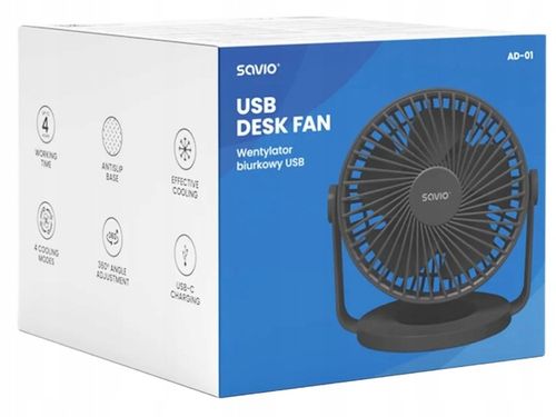 Wentylator biurkowy SAVIO z akumulatorem USB-C, czarny, na Arena.pl
