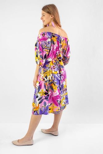 Mocno wzorzysta sukienka w liście i kwiatki hiszpanka STYLE Fioletowa UNI na Arena.pl