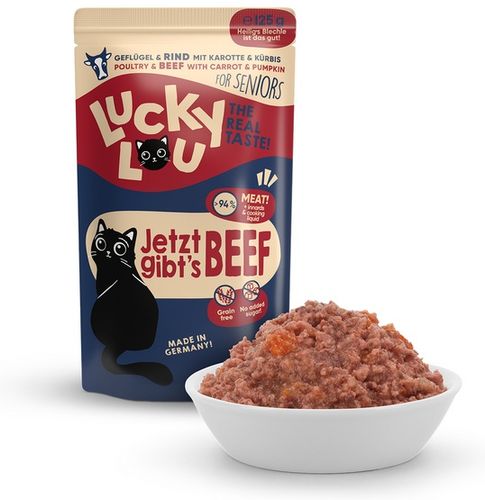 Zdrowa karma bez GMO dla starszych kotów - Lucky Lou DRÓB i WOŁOWINA 125g na Arena.pl