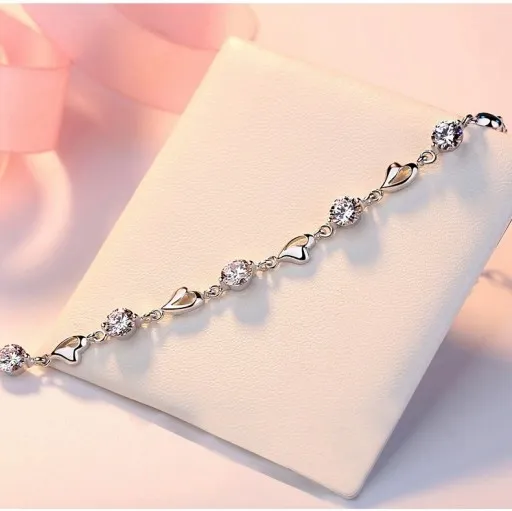 Bransoletka Damska Srebrna Łańcuszki Serduszka Heart Kryształki Na Prezent zdjęcie 6