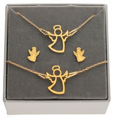 Złoty komplet ANIOŁEK ANIOŁ SREBRO KOMUNIA GRAWER na Arena.pl