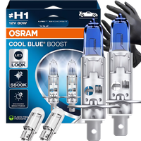 Żarówki Osram H1 Cool Blue Boost 5500K Białe + W5W Clear LED + Rękawiczki