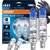 Żarówki Osram H1 Cool Blue Boost 5500K Białe + W5W Clear LED + Rękawiczki