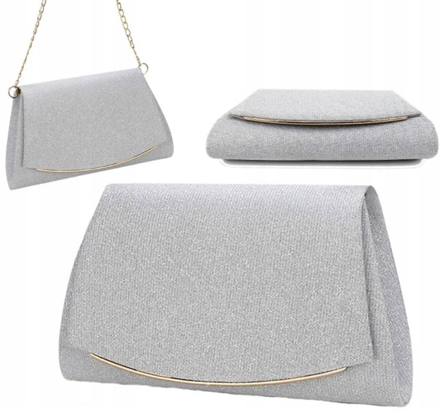 Srebrna Torebka Wieczorowa Kopertówka Wizytowa Łańcuszek Elegancka zdjęcie 2