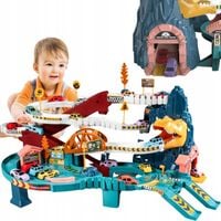 Tor wyścigowy samochodowy dla dzieci DINOZAUR z windą 4 auta 25 elementów