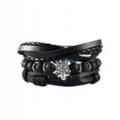 Bransoletka MĘSKA skórzana EKOSKÓRA ZESTAW Komplet 3szt CZARNA WILK