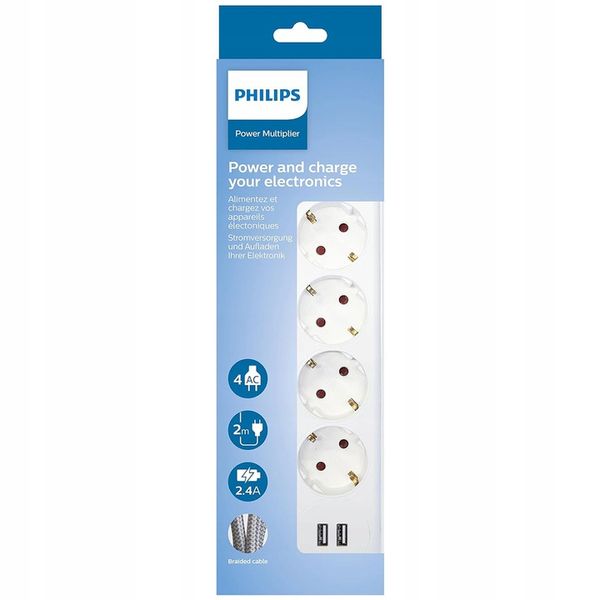 LISTWA ZASILAJĄCA PHILIPS ROZGAŁĘZIACZ 4 GNIAZDA 2x USB 2,4A PRZEWÓD 2m zdjęcie 3