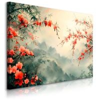 Obraz Do Salonu Czerwone Kwiaty Góry We Mgle Styl Japoński 90cm x 60cm