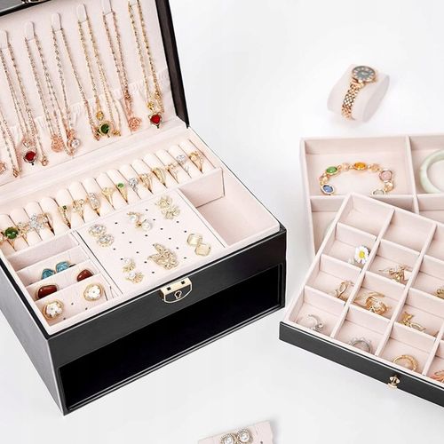 SZKATUŁKA NA BIŻUTERIE Z SZUFLADKAMI CZARNA ORGANIZER TRZY POZIOMY na Arena.pl