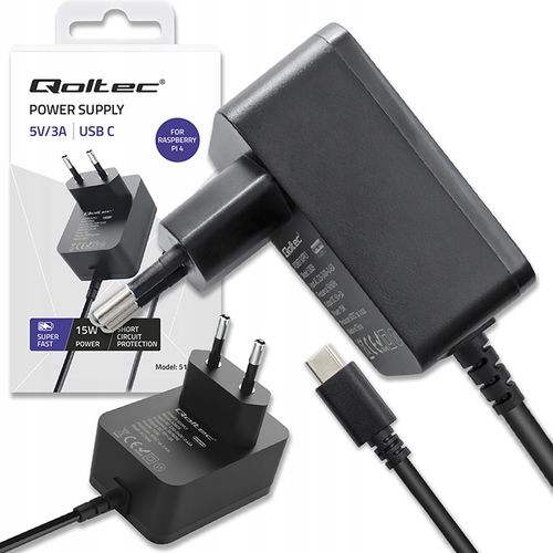 Qoltec Ładowarka Super FAST PD do Raspberry PI 4 USB-C 15W 5V 3A Czarna na Arena.pl