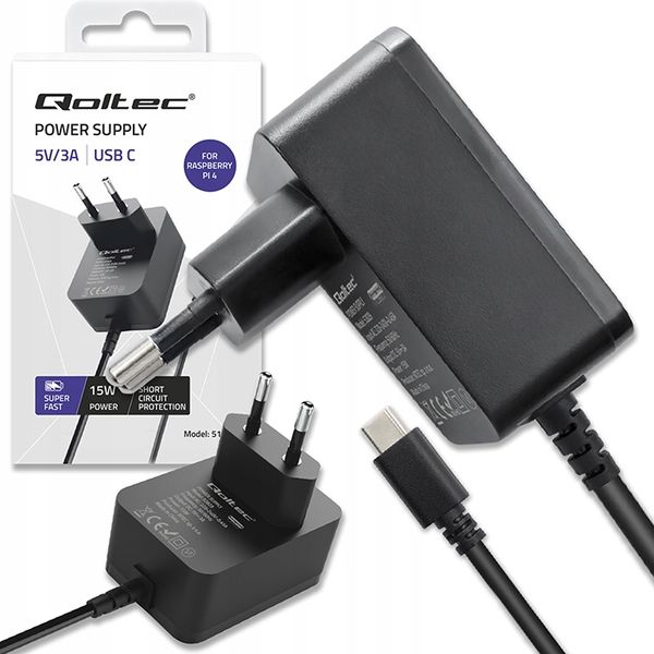 Qoltec Ładowarka Super FAST PD do Raspberry PI 4 USB-C 15W 5V 3A Czarna zdjęcie 1