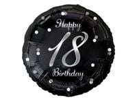 Balon foliowy "B&C Happy 18 Birthday", czarny, nadruk srebrny, 45 cm
