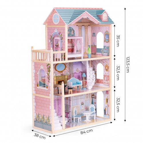 DOMEK DLA LALEK 3 POZIOMOWY ZESTAW 11 DREWNIANYCH MEBELKÓW na Arena.pl