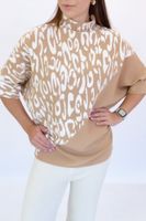 Karmelowo-Kremowy Sweter Panterka Oversize ze Stójką UNI