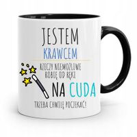 Kubek Czarny Dla Krawca Na Cuda Trzeba Poczekać Z Nadrukiem Ze Zdjęciem