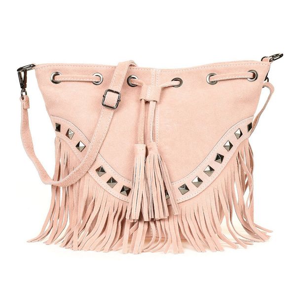 VERA PELLE torebka zamszowa listonoszka boho z ćwiekami V418 j.różowa zdjęcie 1