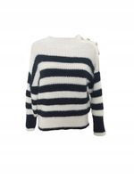 Włoski Wygodny Sweter W Paski Z Ozdobnymi Guzikami Półgolf Czarny Z Białym