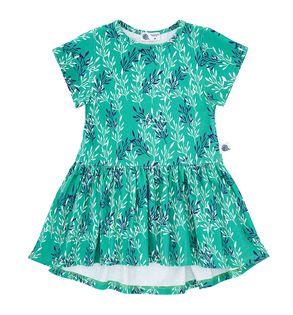 Sukienka z falbanką krótki rękaw, zielona w gałązki 98