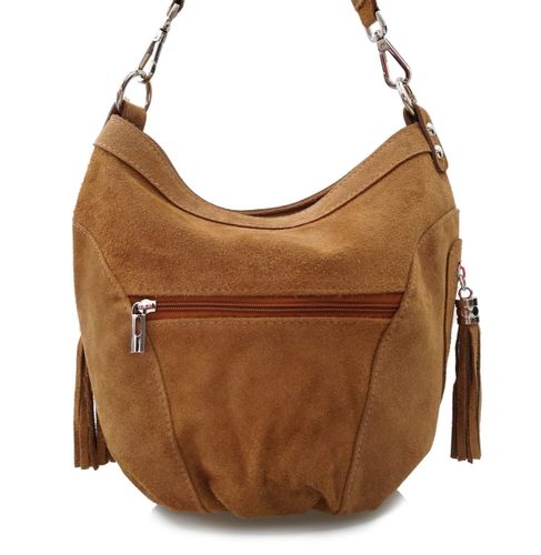 VERA PELLE torebka zamszowa worek z frędzelkami i paskiem V322 c.jeansowa na Arena.pl