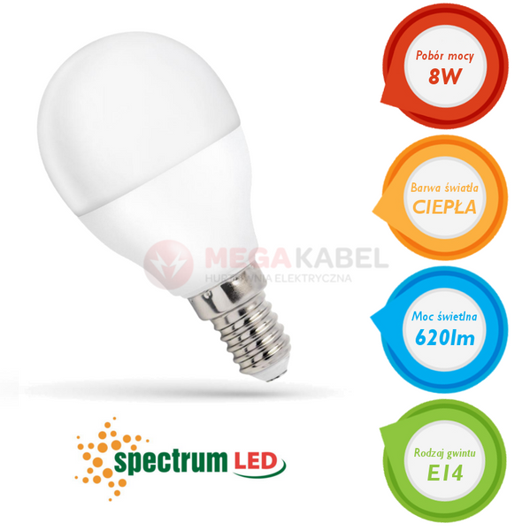 Żarówka LED kulka E14 230V 8W ciepła WW WOJ14215 SPECTRUM zdjęcie 4