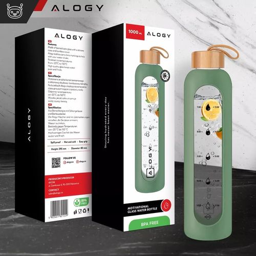 BUTELKA SZKLANA NA WODĘ BIDON MOTYWACYJNA SZCZELNA SILIKONOWE ETUI 1000 ML na Arena.pl