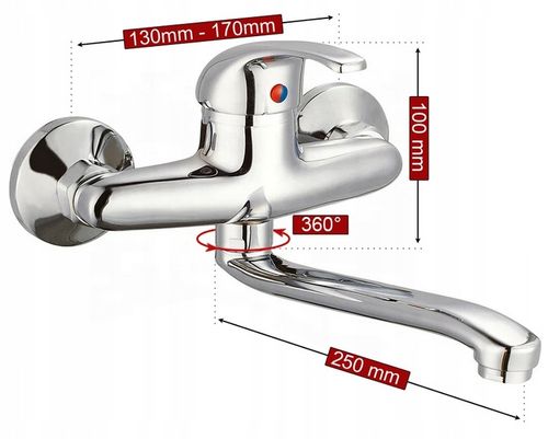 BATERIA UMYWALKOWA ŁAZIENKOWA ŚCIENNA OBROTOWA KRAN DŁUGA WYLEWKA CHROM na Arena.pl