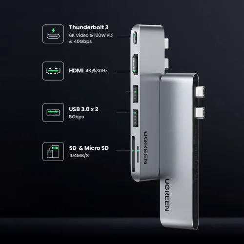 hub ugreen cm380 2xusb c - hdmi/2xusb 3.0/sdtf/usb c pd - szary na Arena.pl