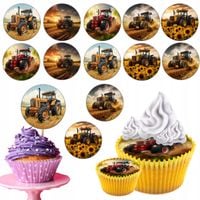 OPŁATEK na BABECZKI MUFFINKI zestaw na urodziny 12szt- TRAKTOR CIĄGNIK POLE