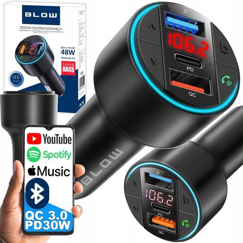 TRANSMITER FM ŁADOWARKA BLUETOOTH BT USB TYP-C QC 3.0 + PD 30W BASS na Arena.pl