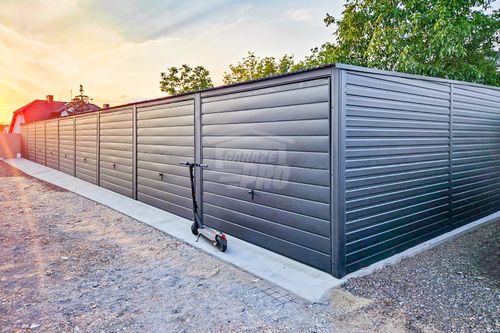 Rząd garaży 24x5m + wiata 2m - 8x brama uchylna dach spad w przód GP488 na Arena.pl