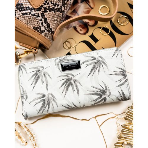 szary portfel damski w typie piórnika w roślinny wzór, wykonany na Arena.pl