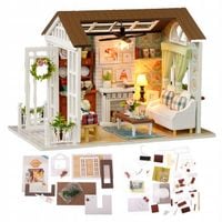 DOMEK DLA LALEK DREWNIANY SALON POKÓJ MODEL DO ZŁOŻENIA LED