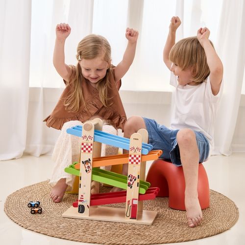 VIGA Drewniana Podwójna Zjeżdżalnia Dla Samochodzików Tor Wyścigowy na Arena.pl