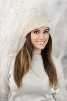 ECRU klasyczny BERET DAMSKI zimowy z antenką ZDOBIONY Kamea LINDA