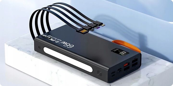 MOCNY POWERBANK 30000MAH 66W LATARKA LCD LED 4 USB USB-C + KABEL 3W1 zdjęcie 9