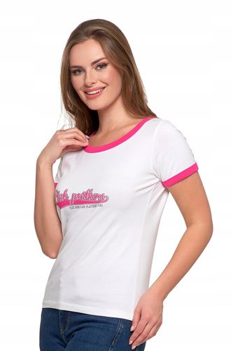 T-shirt Koszulka Damska Bawełna Slim Fit z Napisami Biło-Różowy MORAJ - XXL na Arena.pl