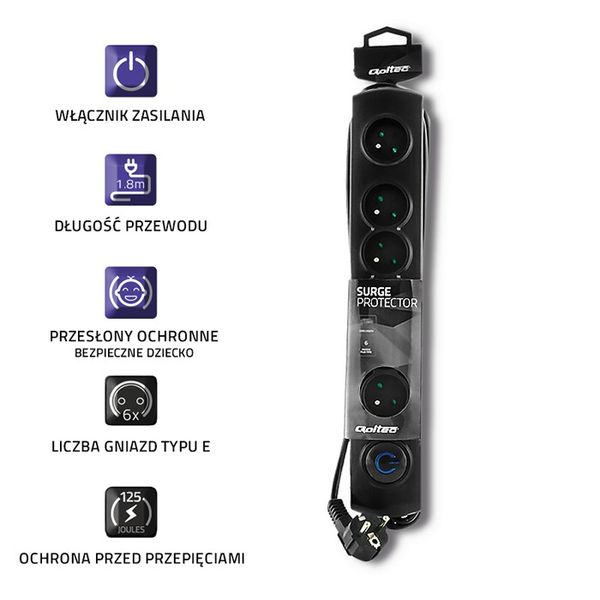 Qoltec Listwa antyprzepięciowa | 6 gniazd | 1.8m zdjęcie 3