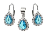 KLASYCZNY RODOWANY SREBRNY WISZĄCY KOMPLET ŁEZKI KROPLE BŁĘKITNE CYRKONIE