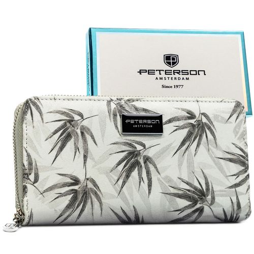 szary portfel damski w typie piórnika w roślinny wzór, wykonany na Arena.pl