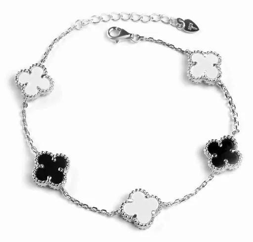 BRANSOLETKA Srebrna Damska SREBRO pr.925 Koniczyna Onyks Perłowa Koniczynka zdjęcie 5