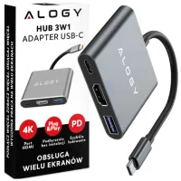 Adapter przejściówka HUB 3w1 USB-C na HDMI USB-A USB-C 4K 60Hz Alogy szary