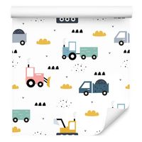 Tapeta Dziecięca TRAKTORY Koparki Ciężarówki Pojazdy Kolorowe Chmurki Dekor