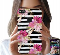 ETUI DO HUAWEI P9 LITE 2016 - KWIATKI W CZARNO - BIAŁE PASKI WZORY