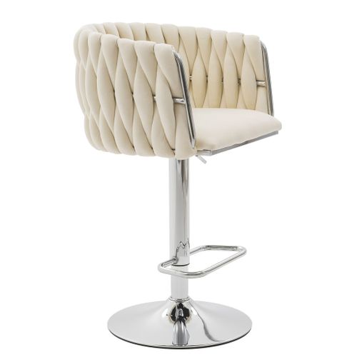 Hoker Z Plecionym Oparciem Welur ROSA Beżowy/Chrom Krzesło Do Wyspy na Arena.pl