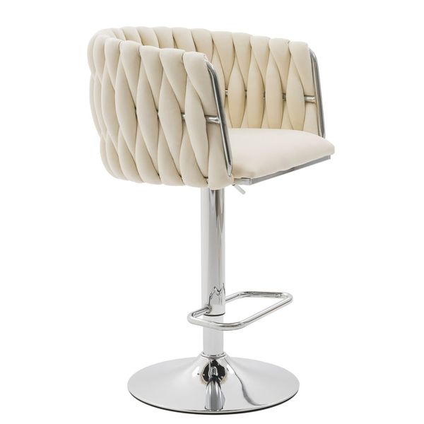 Hoker Z Plecionym Oparciem Welur ROSA Beżowy/Chrom Krzesło Do Wyspy zdjęcie 6