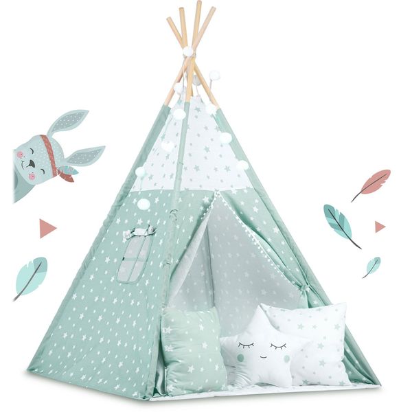 Namiot tipi dla dzieci ze światełkami - miętowe w gwiazdki zdjęcie 3