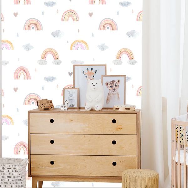 Tapeta W Rolce Dla Dziewczynki TĘCZE Akwarela Serduszka Chmurki Styl Boho zdjęcie 7