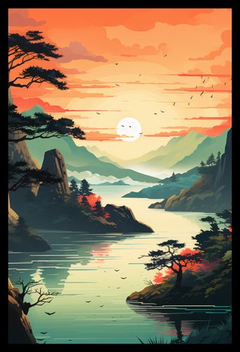 Plakat 30x45cm Zachodzące Słońce nad Spokojnym Jeziorem na Arena.pl